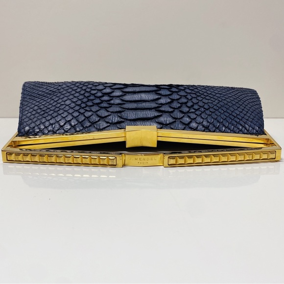 J. Mendel Paris Minuit Navy Blue Gold Python Snakeskin Top Handle Clutch Bag - Picture 5 of 11